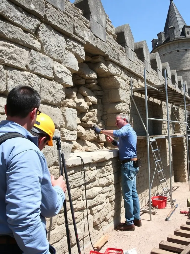 A group of volunteers cleaning and restoring an old stone wall, showcasing community involvement in heritage preservation.