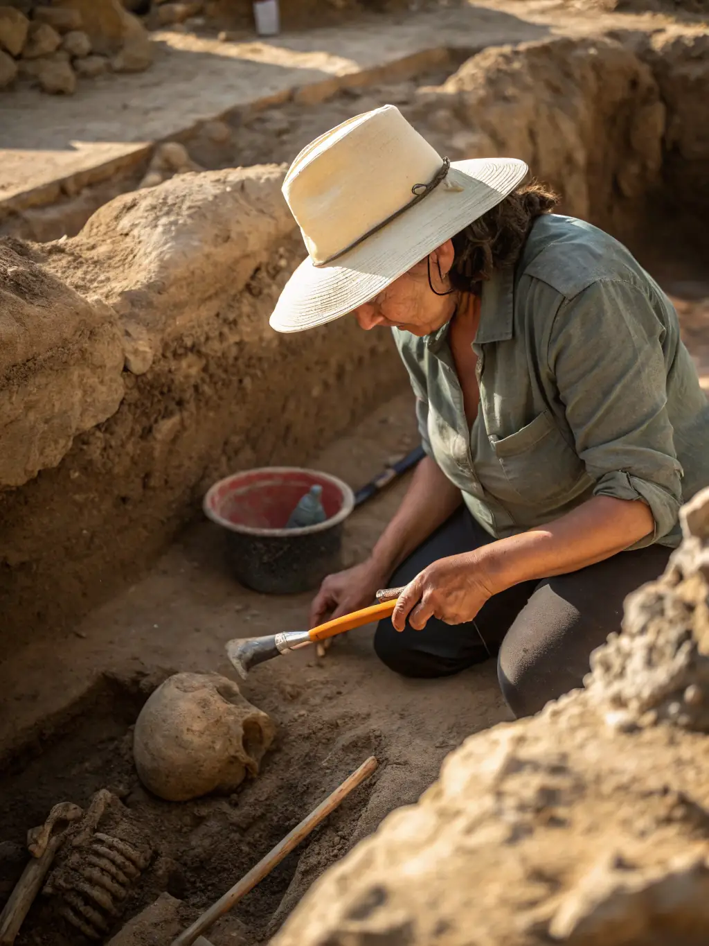 An archaeologist carefully excavating a historical site, revealing artifacts and uncovering the past.