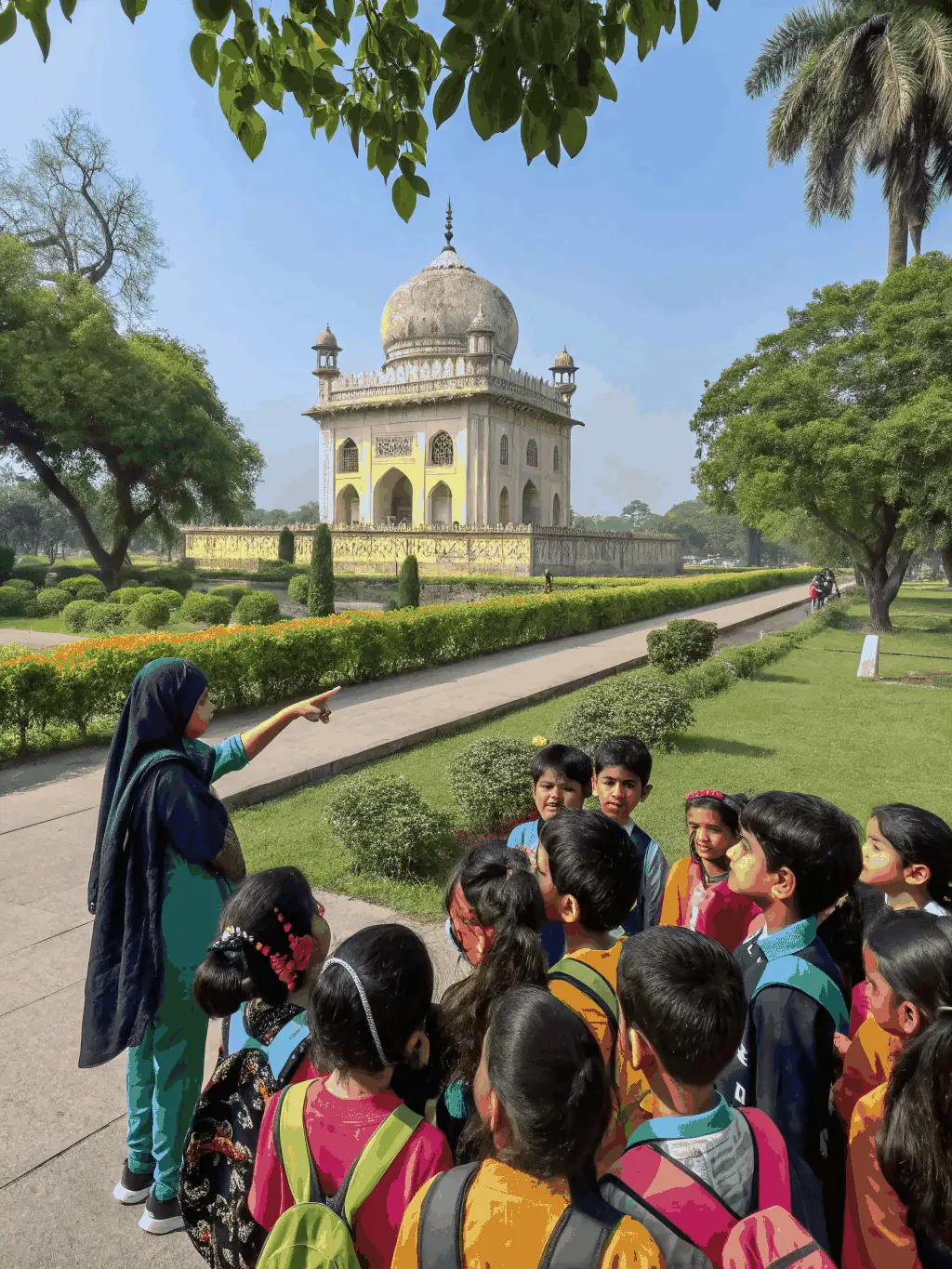 A group of students on a guided tour of a historical landmark, learning about its significance and cultural value.