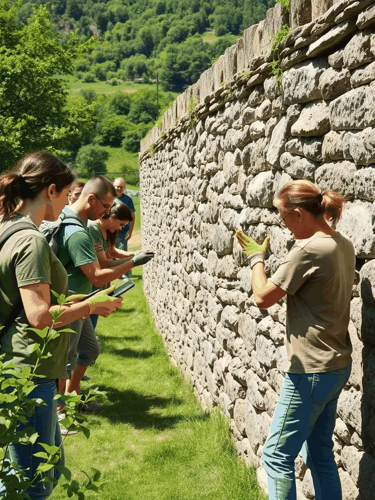 A photograph capturing volunteers meticulously restoring a medieval stone wall at a historical site in Burgundy, France, showcasing the hands-on work of SMBS REMPART BOURGOGNE FRANCHE-COMTE's heritage conservation program.